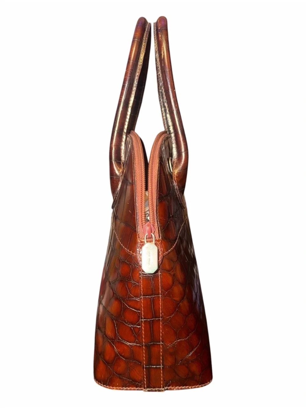 Vintage Furla Italian Croc Embossed Leather Dome Satchel Bag Brown